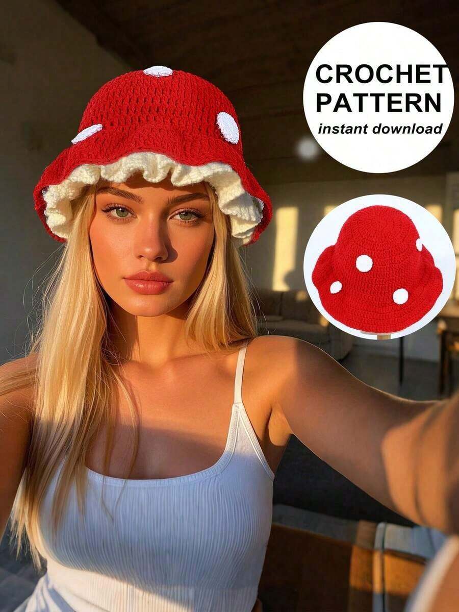1pc Women Handmade Knitted Mushroom Hat, Cute Little Red Riding Hood Style, Warm Winter Casual Wear, Holiday Gatherings - 紅色 - 查看 1
