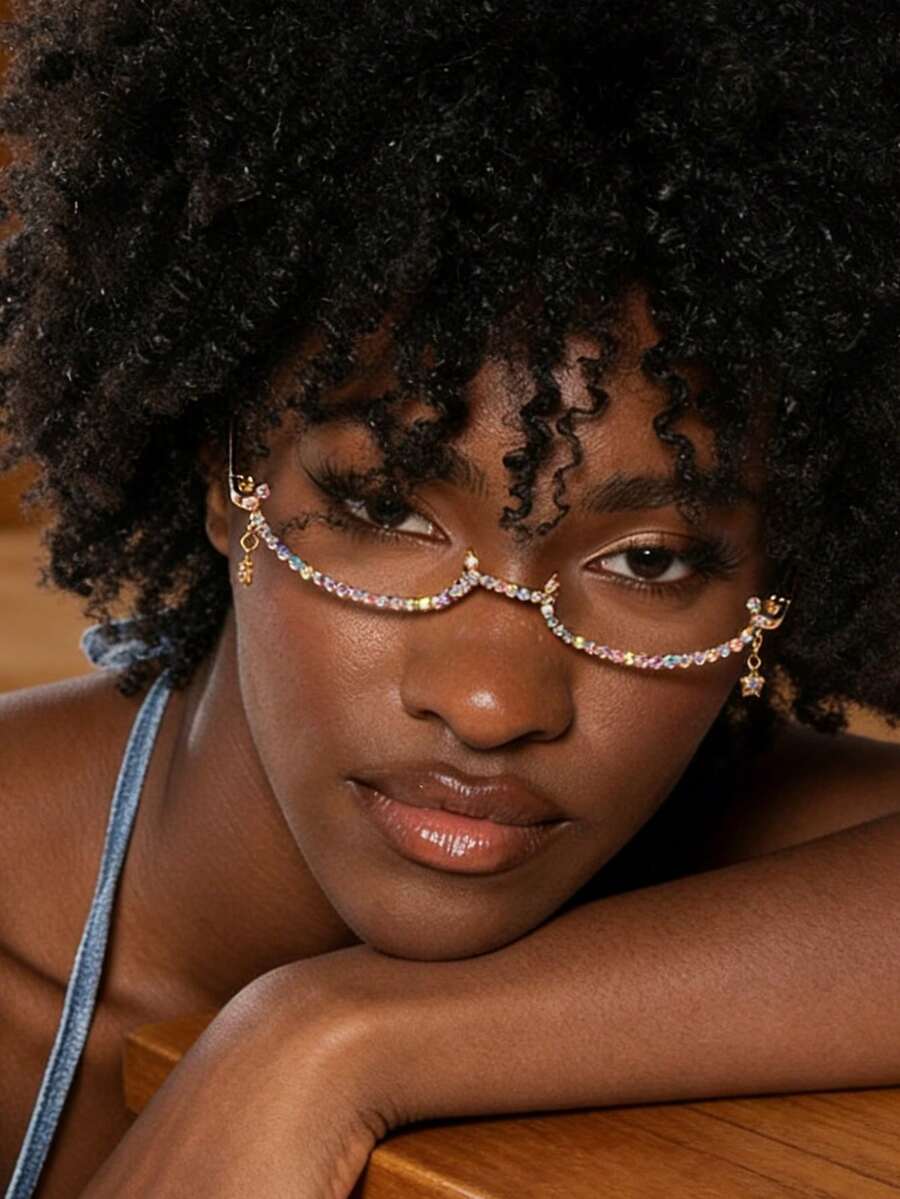 1pc Rhinestone Half-Rim Star Pendant Eyeglasses Frame, Fashionable Artistic Office, Daily, Party Wear For Women - Multicolor - View 1