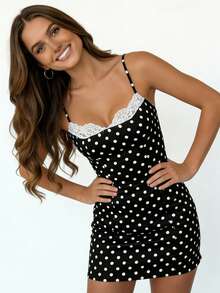 Vestido de fiesta sin mangas con tirantes finos y estampado de lunares para mujer, minivestido ajustado de encaje y patchwork, ideal para vacaciones y cócteles. - Negro - Ver 2