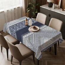 1pc Blue Beige White Grey Modern Geometric Tablecloth - Navy Blue Border & White Pattern Rectangular Table Cover, Wrinkle-Resistant Easy-Clean Fabric For Dining Table, Coffee Table, Outdoor Picnic, Camping, (Beige/Grey), 2D Flat - Nhiều màu - Xem 2