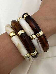 4pcs/Set Vintage Minimalist Elegant Resin Acrylic Brown Elastic Bracelet Set For Women, Suitable For Daily, Party, Valentine's Day, Dating, Holiday Gift, Stackable, 2026 New Arrival - Multicolor - View 5