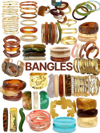 21/16/8/6/4pcs Vintage Elegant Bohemian Summer Vacation Daily Geometric Asymmetric Blue Green Pink Colorful Acrylic Resin Tie Dye Bracelet Set, Carved Textured Gold Tone Wide Cuff Bangles, Y2K Cute Jewelry Accessories Suitable For Women Daily, Beach, Party, Birthday, Gift