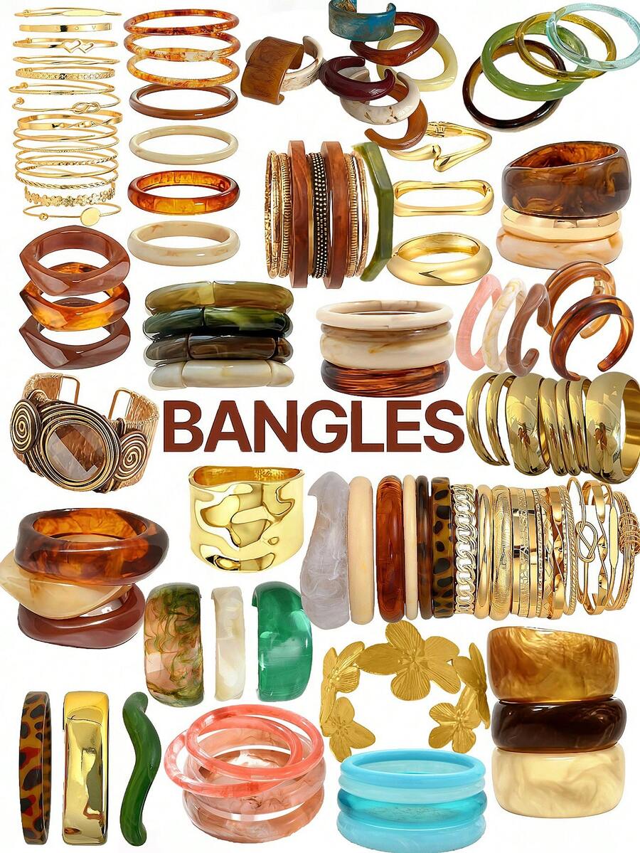 Random 21/16/8/6/4pcs Vintage Fashion Elegant Bohemian Vacation Style Daily Geometric Asymmetrical Blue Green Pink Colorful Acrylic Resin Marbled Bracelets Stacked Gold-Tone Wide Plain Carved Hammered Texture Bracelet Set Y2K Cute Jewelry Accessories Suitable For Women's Daily Beach Party Birthday Wear (Resin Pattern Random) - Multicolor - View 1