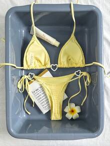 Bikinx Heart Ring Linked Smocked Triangle Bikini Set – Textured Lemon Yellow Side Tie Thong Swimsuit 2 Piece Set For Women - Màu vàng - Xem 3
