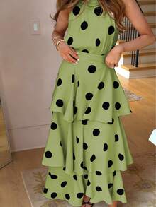 女士优雅波点无袖荷叶边叠层连衣裙，立领收腰设计，适合春夏穿着 - 青檸色 - 查看 3
