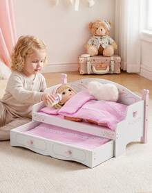 Robotime Robud 2-In-1 Wooden Doll Bunk Bed & Sofa Set With Bedding – Convertible Baby Doll Crib Furniture, Pink Kids Pretend Play Toy Gift - Pink - View 8
