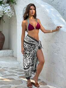 1pc Leopard Print Elastic Mesh Sarong, Fashionable Women Beach Cover Up Skirt, Holiday Beach With Tie Design Vacation Summer Black - Black - View 9
