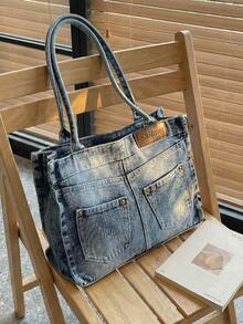 Nueva bolsa de hombro tipo tote de jeans lavados con estilo casual y chic, diseño exclusivo, bolso de mano fashionable para la calle, adecuado para compras y viajes, perfecto para la chica vaquera - Azul - Ver 4