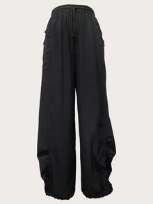 女士速干徒步裤，宽松户外裤，抽绳腰带和可调节裤脚，四向弹力尼龙面料，带大口袋，适合徒步和攀岩 - 黑色 - 查看 3