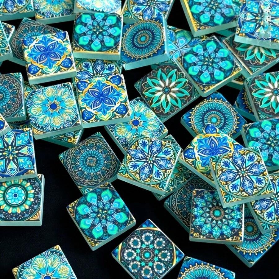100g/200g Romantic Blue Mandala Glass Mosaic Tiles, Beautifully Patterned Mosaic Pieces, Suitable For DIY Art Crafts, Handmade Pendant Making, Home Decor, Puzzle Design And Other Decorative Materials