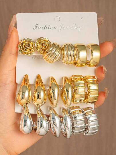 6-18pcs Gold + Silver Rose Flower, Large C, Textured C, Smooth C Hoop Earrings Set, Suitable For Daily And Holiday Wear, UV Electroplated Non-Fading, ABS Resin Material