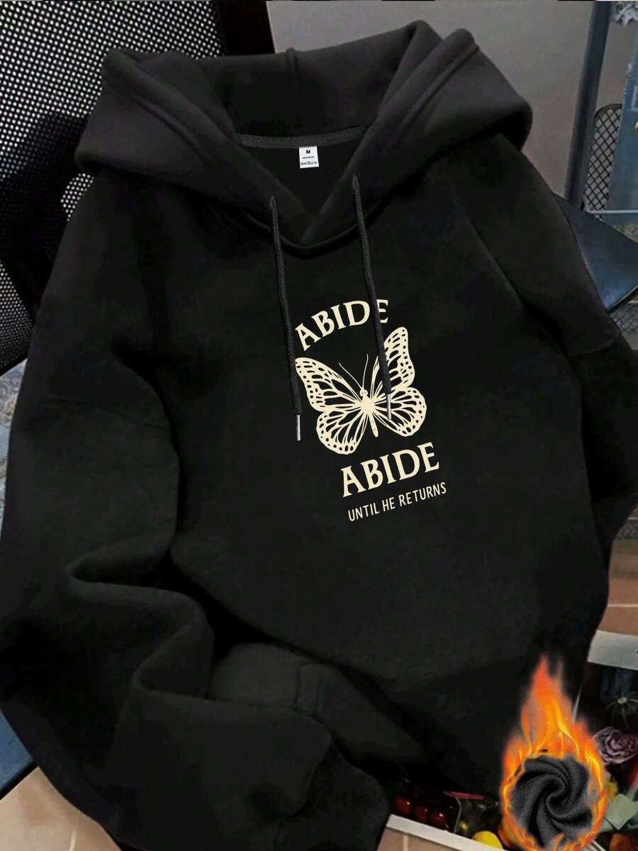 2026 New Women's Sweatshirt With Butterfly Pattern ABIDE Print, Women's Hooded Pullover, Loose And Stylish, Long-Sleeved - Suitable For Daily Wear, Vacation, Party - Perfect For Autumn And Winter Wear, Great For College Students And Street Fashion Enthusiasts - Black - View 1