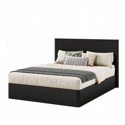 Modern Bed With Grooved Design And Hydraulic Lifting System – Large Storage Space, Stable Solid Wood Slatted Base, Easy-Care Surface – 160 X 200 Cm – Black