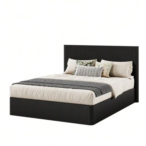 Modern Bed With Grooved Design And Hydraulic Lifting System – Large Storage Space, Stable Solid Wood Slatted Base, Easy-Care Surface – 160 X 200 Cm – Black - Black - View 1