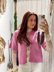 Women's Short Sleeve Cardigan, Front Button Decor, Minimalist & Fashionable Casual Style, Suitable Daily Commute, Lovely Sweater Spring - Hot Pink - View 6