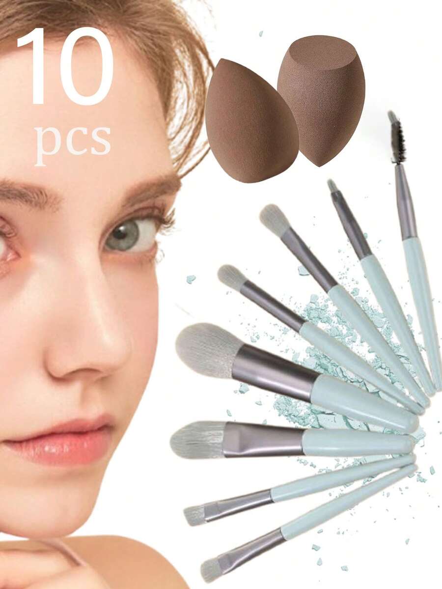 Bộ cọ trang điểm 10 món, bộ cọ tán phấn mắt và má hồng di động, dụng cụ làm sạch da mặt, bông trang điểm, bộ dụng cụ trang điểm bao gồm 8 cọ trang điểm + 2 bông trang điểm, cọ phấn phủ, cọ mắt, cọ kẻ lông mày, cọ nền, cọ má hồng, cọ trộn màu, cọ che khuyết điểm, bông trang điểm, bông trang điểm, cọ trang điểm lông mềm.