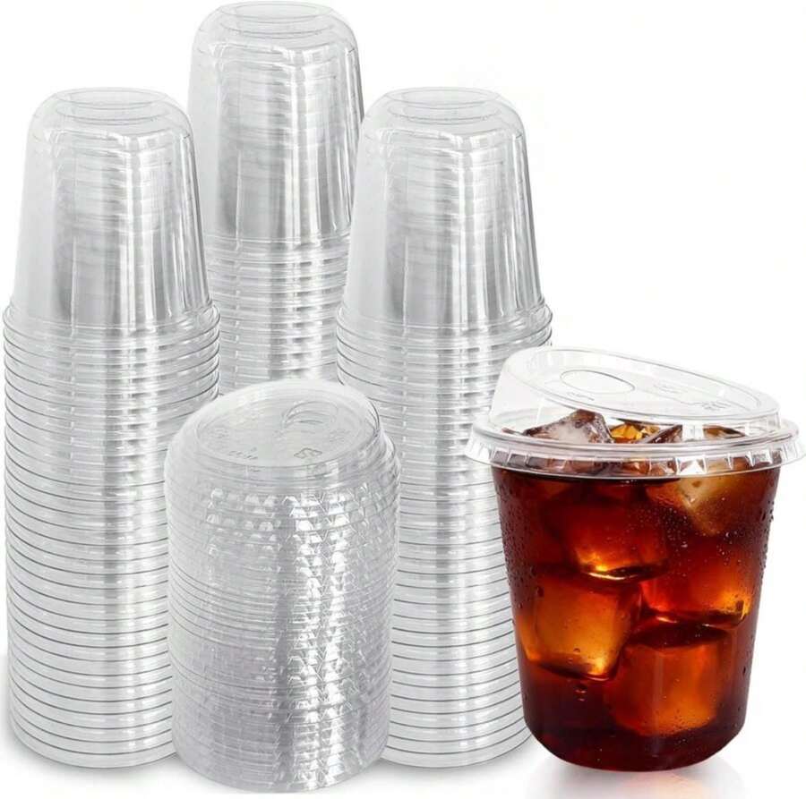 60 Pack Clear Plastic Cups With Strawless Sip Lids,12 Oz Disposable PET Crystal Iced Coffee Cups With Lids,Round Bottom To Go Cup For Iced Coffee Juice Smoothie Cold Beverage Coffee Shops And Party - ColorA - 查看 1