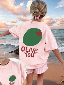 T-shirt med olivmönster för tweenflickor, "Olive You", mjukt och bekvämt tyg, lämplig för flickor att bära för resor, semester, utomhussporter, vardagskläder, vardagsresor, det bästa valet! Modern, mångsidig och avslappnad topp för tweenflickor för vår och sommar. - Rosa - Visa 3