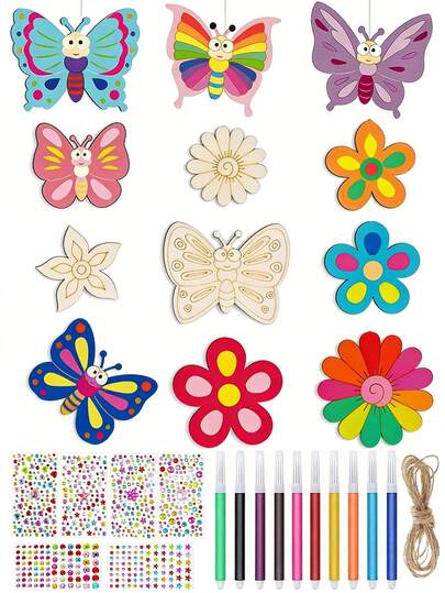 9件套春季主题未上漆木质装饰品（蝴蝶+花朵），适合DIY彩绘空白木质标签，附赠31支彩色笔和麻绳，非常适合春季和复活节家居派对桌面装饰及手工礼品。