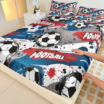 1pc Sports Themed Fitted Sheet (Sheet Only, No Pillowcase), Printed With Football Pattern Mattress Protector, Fits Twin/Full/Queen/King Size Beds. Decorative Item For Bedroom, Guest Room, Dorm, Hotel, Suitable For All Seasons. Gift For Parents, Friends, Partner