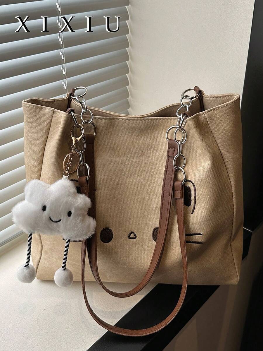 温柔猫脸刺绣帆布包，可爱云朵挂饰，韩版休闲风女士百搭手提包