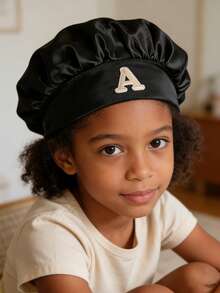 1pc Children's A-Z Letter Pink Satin Elastic Wide-Brim Sleep Cap - Snug Fit Sleep Hat, Hair Protection, Super Soft Breathable Design With Anti-Slip Lining - Black - View 2
