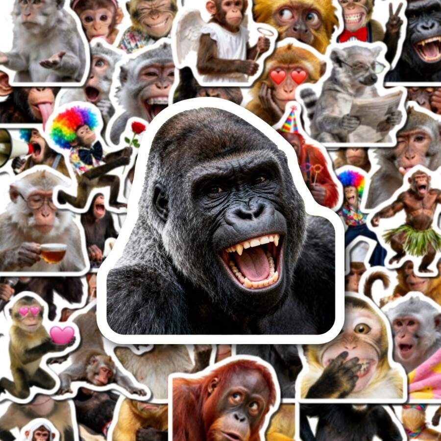 50PCS Funny Gorilla & Monkey Stickers For Adults, Primate Decals For Water Bottles, Laptops, Phone Cases, Skateboards, Journals, Cool Ape Themed Decor For DIY Crafts, Party Favors, Gift For Animal Lovers, Waterproof Vinyl Sticker Pack For Personalizing Daily Items - Multicolor - View 1