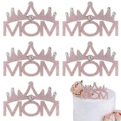 5 chiếc phụ kiện trang trí bánh kem hình chữ "Mẹ" màu hồng bạc, phụ kiện trang trí bánh kem sang trọng đính đá lấp lánh cho Ngày của Mẹ, sinh nhật, phụ kiện trang trí bánh kem Ngày của Mẹ.