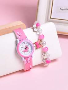 2pcs Set: Fashionable Cartoon Butterfly Print Watch Strap, Creative Student Quartz Wristwatch & Gradient Color Beaded Bracelet For Girls - Pink - View 5