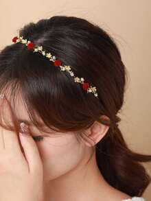 Red Rose, Butterfly And Faux Pearl Decor Hairband Elegant Tiaras Valentine's Day,Hairband,Hair Hoop Headbands Hair Accessories Head Accessories - 金色 - 查看 1
