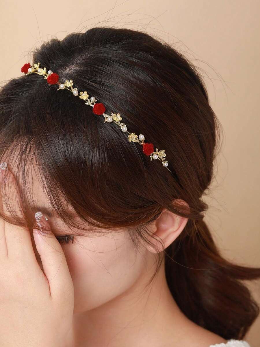 Red Rose, Butterfly And Faux Pearl Decor Hairband Elegant Tiaras Valentine's Day,Hairband,Hair Hoop Headbands Hair Accessories Head Accessories - 金色 - 查看 1