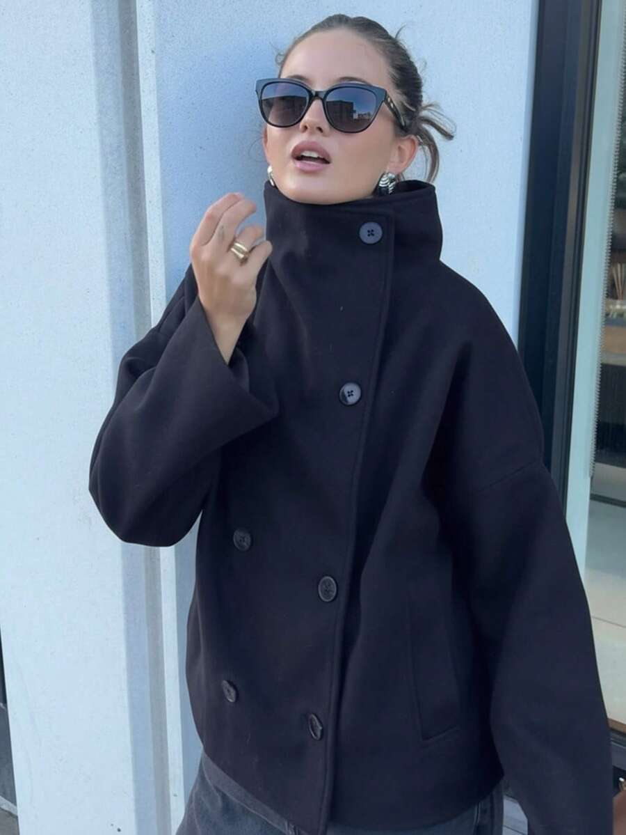 欧美新款纯色复古双排扣高领女式外套,秋冬OL大衣,女士冬季春季服装 - 藏蓝色 - 查看 1