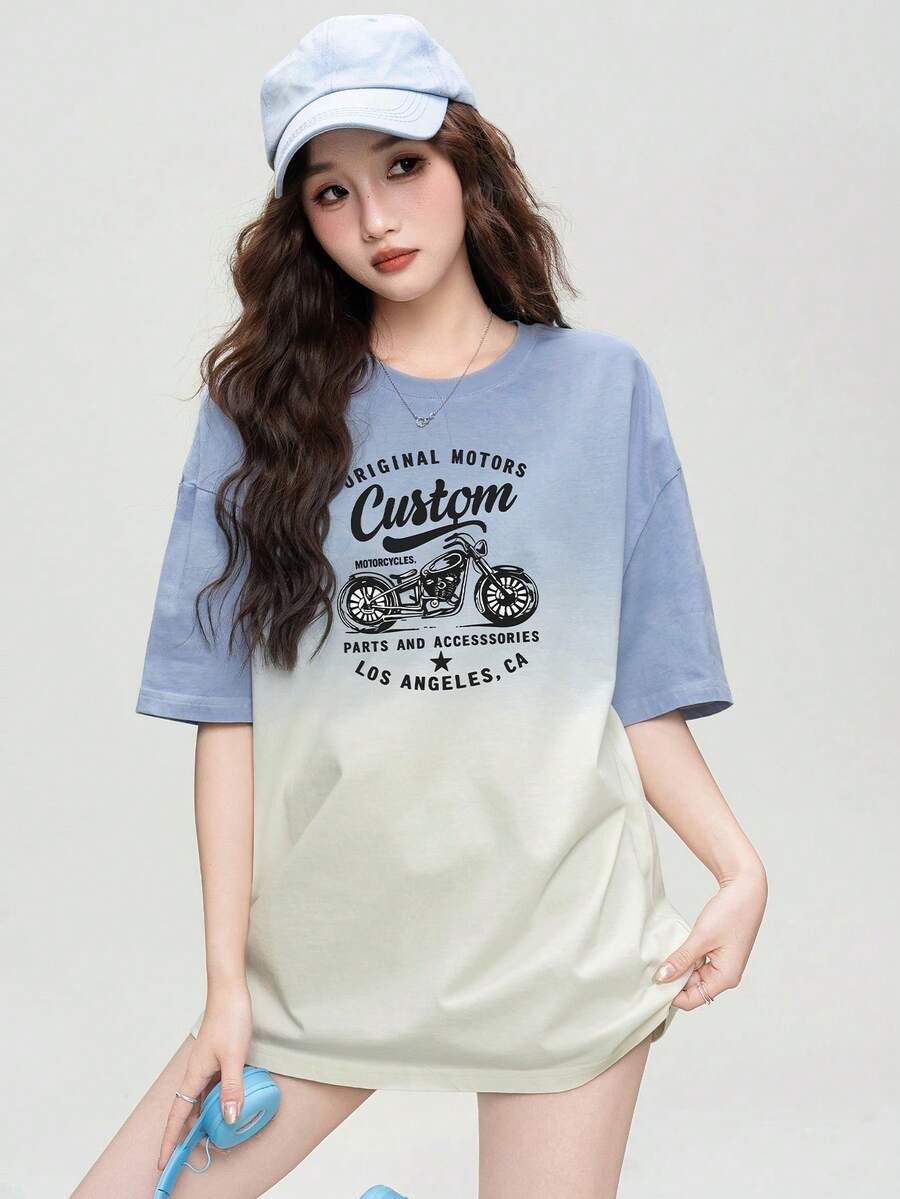 Áo thun in hình hoạt hình ombre mùa Xuân/Hè 2026, kiểu dáng nữ tính, tay ngắn, thích hợp cho sinh viên. - 0A36 Mơ kem - KJ0228 - Xem 1