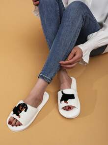 流行卡通露趾透气室内欧美时尚毛绒腊肠犬拖鞋 - 白色 - 查看 2