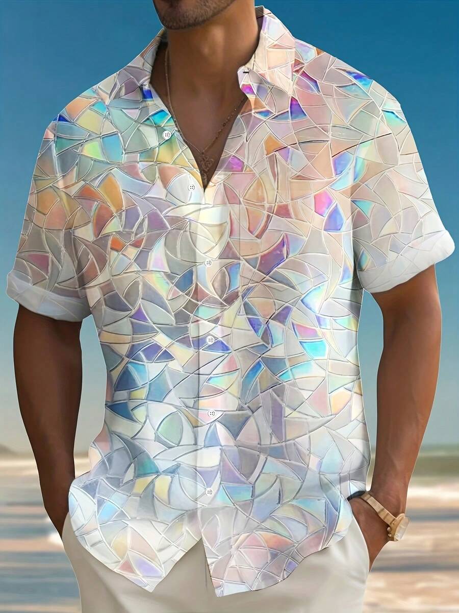 Iridescent Geometric Mosaic Pattern Symbolizing Harmony And Reflection In Nature 3D Print Mens Casual Short Sleeve Beach Button Up Shirt - White - View 1