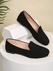 2026 Spring New Women's Square Toe Soft Bottom Slip-On Flat Shoes, Women's Autumn Shoes Fashion Versatile Loafers Retro American Style Shoes, Elegant Women's Shoes Black Shoes Brown Shoes Suede Shoes Office Shoes, Women's Loafers Ladies Mary Jane Shoes Formal Shoes, Breathable Solid Color Patchwork Design Casual Shoes Suitable For Leisure, Beach, Party, Commuting, Basic Occasions, All-Season - Black - View 12