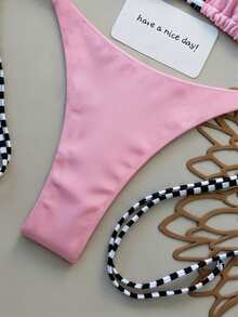 2pcs Solid Color & Striped Sexy Backless Tie-Front Bikini Swimwear, Suitable For Spring/Summer, Stage Performance, Concert, Vacation, Beach Pink - Pink - View 4