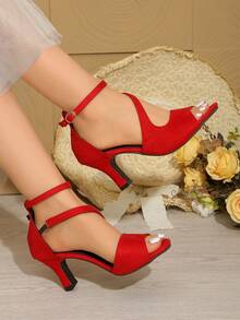 Giày sandal cao gót dáng rộng cho nữ, giày hở mũi kiểu dáng thường ngày, gót nhọn, đa năng phù hợp với váy và các dịp trang trọng, cỡ lớn. - Đỏ - Xem 3