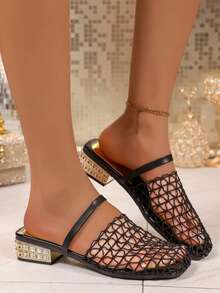 Dép bít mũi vuông khoét lỗ bằng lưới dành cho nữ, dép quai ngang một gót đính đá mùa hè, dép lưới thoáng khí hai kiểu dáng. - màu đen - Xem 5