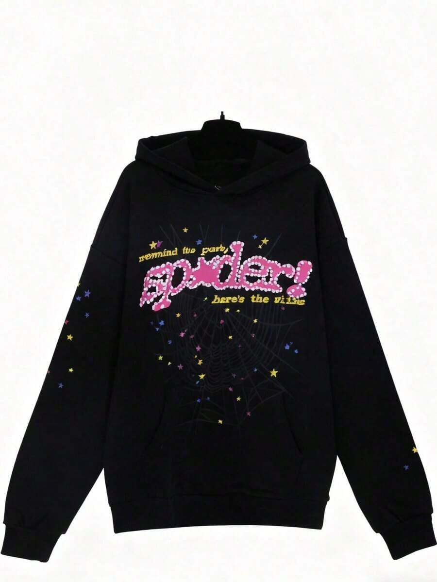 Autumn/Winter Streetwear Hip Hoodie With Spiderweb Print, Fashionable Sporty Hoodie - 黑色 - 查看 1