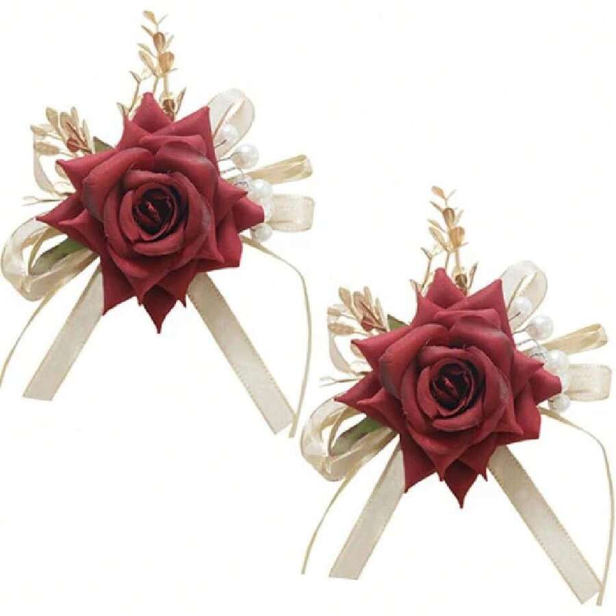 2 Pieces Of Corsage And Boutonniere Set, Artificial Flowers Accessories For Wedding Prom Party Celebration Business Event Suit Dr- Green (M5-Y4-D-JM),44373423 - 紅色 - 查看 1