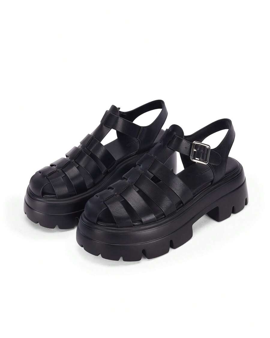 Coutgo Womens Platform Chunky Heels Sandals Gladiator Ankle Strap Heels Lug Sole Summer Fisherman Y2K Shoes - 黑色 - 查看 1