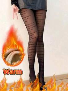 Women's Text Print Warm Lined Autumn/Winter Tights, Warm Text Pattern Tights, Comfortable Literary Quote Stockings, Cold-Proof Motto Leggings - Multicolor - View 2