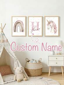 3pcs Personalized Wall Art Prints, Customized Name Unicorn & Butterfly Canvas Painting, Cute For Girl's Room, Apartment, Home Decor, Unique Birthday Gift For Friends, Kids, Family, Unframed - Pink - View 15
