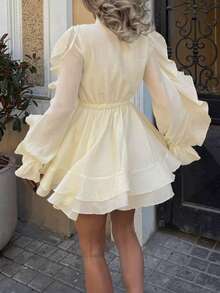 Váy midi cổ chữ V thanh lịch kiểu Pháp dành cho nữ kèm nơ màu trơn, viền bèo nhún, tay dài, eo ôm, chân váy chữ A, váy dạ hội, váy xòe bồng bềnh, ruy băng thời trang, gợi cảm, dáng rộng, mùa xuân hè thu - Màu be - Xem 8