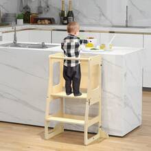 COSTWAY 3-In-1 Foldable Kitchen Standing Tower For Toddlers, Montessori Toddler Step Stool W/ Chalkboard, Weaning Table, Stool & Safety Rail For Bathroom & Kitchen Counter, Natural - Apricot - View 3