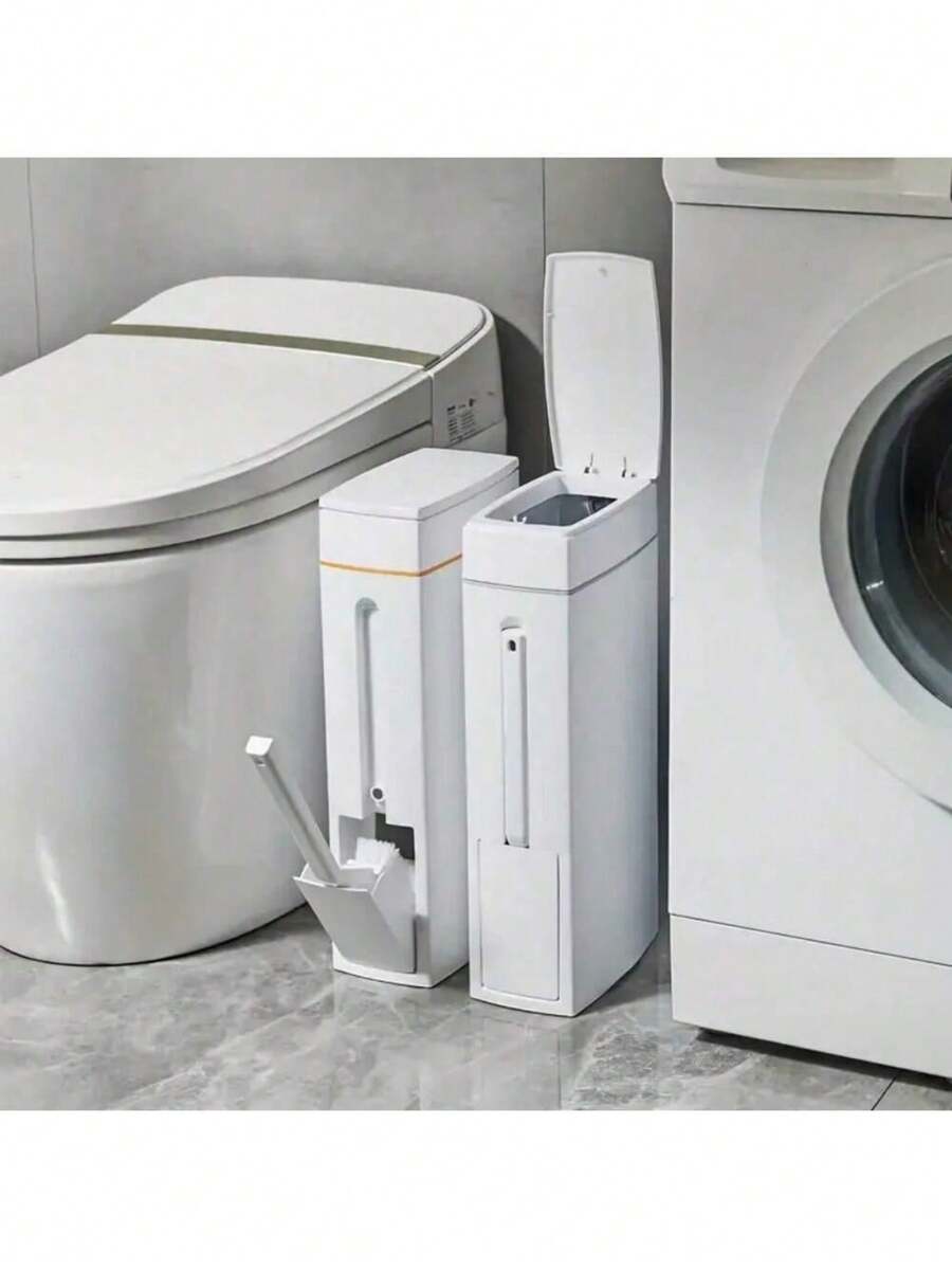 Narrow Slim Toilet Trash Can With Press Lid, Space-Saving Bathroom Bin With Built-In Toilet Brush Holder, Slim Side Gap Storage Design, Sealed Press Lid For Odor Prevention, Waterproof Durable Structure, Multi-Use Narrow Gap Organizer For Bathroom And Restroom