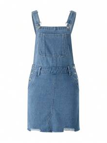 Denim Overalls Mini Dress For Women High Stretchy Adjustable Strap Jean Short Dress With Pockets, Solid Color/Camouflage/4th Of July USA Flag Print Sleeveless Suspender Dress - Màu xanh lam - Xem 3