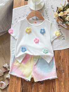 Young Girl' Fashionable Casual Cute Set, Floral Tee + Multi-Color Fringe Denim Shorts - White - View 1