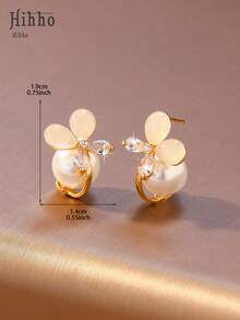 Hihho 一对花朵珍珠锆石耳钉，搭配猫眼石吊坠，柔美空灵，通勤风格 - 珍珠花朵耳環 - 查看 5